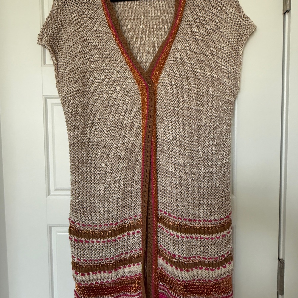 Chico's Tan/Pink/Copper Knit Cardigan Open Front Short Sleeve Women’s Size 2 Lar